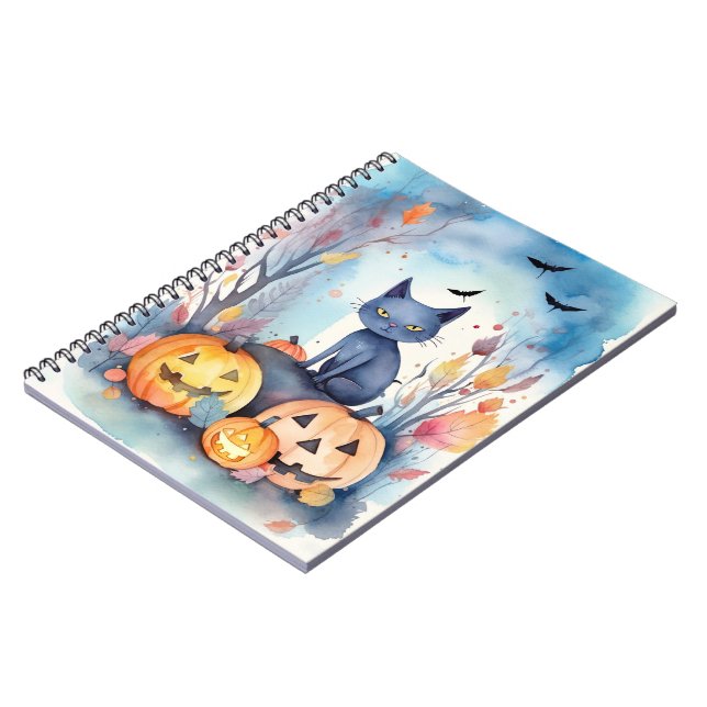 Halloween Oriental Blue Cat With Pumpkins Scary Notebook (Left Side)