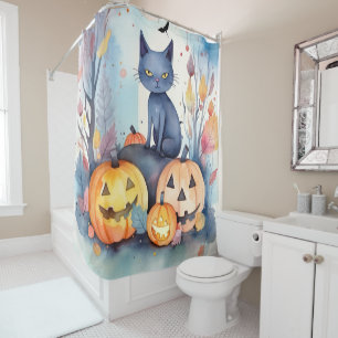 Halloween Oriental Blue Cat With Pumpkins Scary Shower Curtain