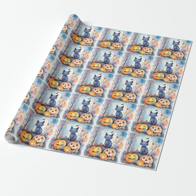 Halloween Oriental Blue Cat With Pumpkins Scary Wrapping Paper (Unrolled)