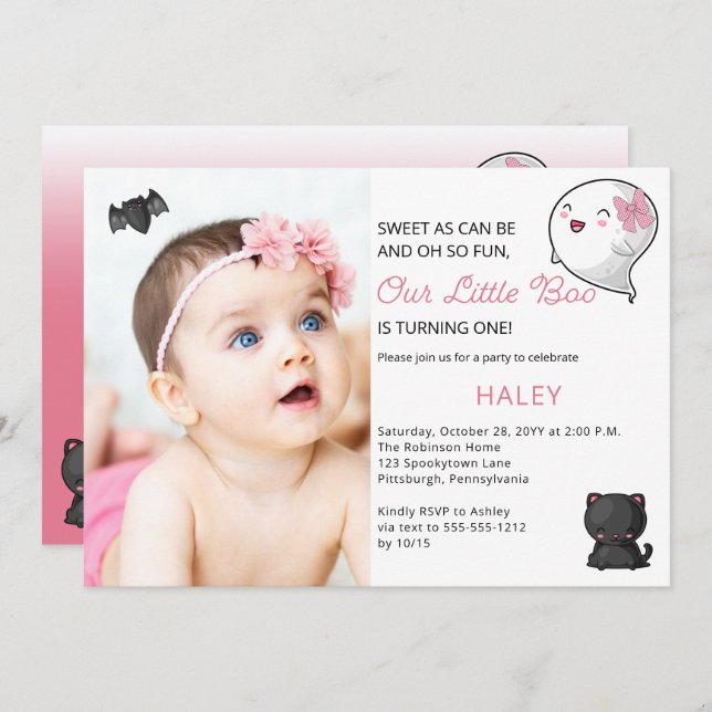 Halloween Our Little Boo Ghost Girl 1st Birthday Invitation (Front/Back)