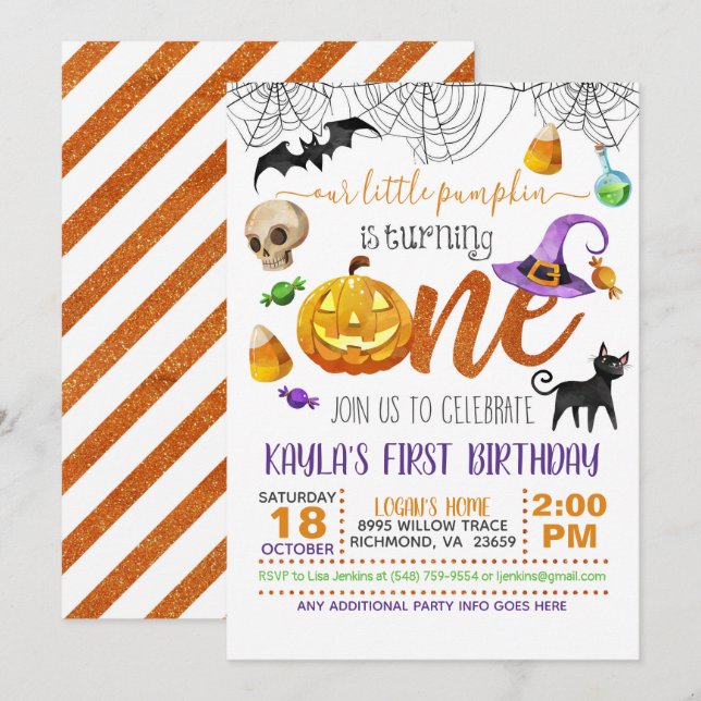 Halloween Our Little Pumpkin is Turning ONE Invitation (Front/Back)