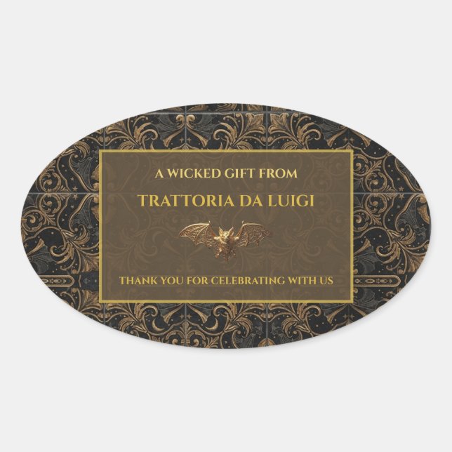 Halloween Oval Sticker Gothic Gold Bat Tag (Front)