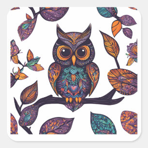 Halloween Owl Alebrije and Leaves Square Sticker