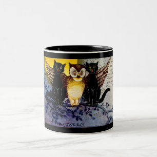 Halloween Owl and Black Cats Two-Tone Coffee Mug