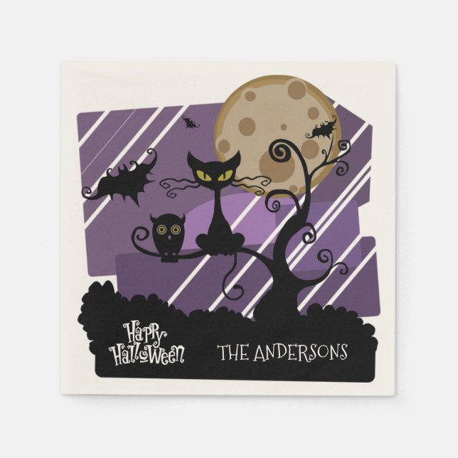 Halloween Owl and Cat Personalised Napkin (Front)
