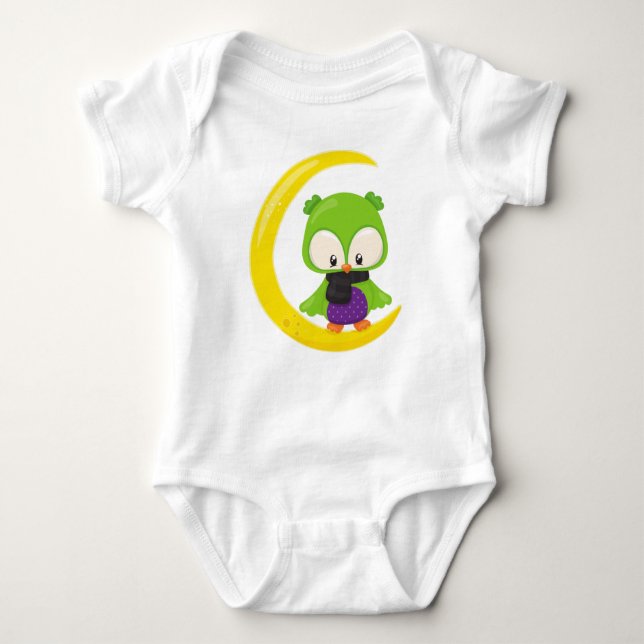 Halloween Owl, Cute Owl, Green Owl, Moon, Scarf Baby Bodysuit (Front)