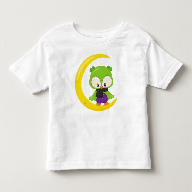 Halloween Owl, Cute Owl, Green Owl, Moon, Scarf Toddler T-Shirt (Front)