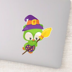 Halloween Owl, Cute Owl, Green Owl, Witch Broom