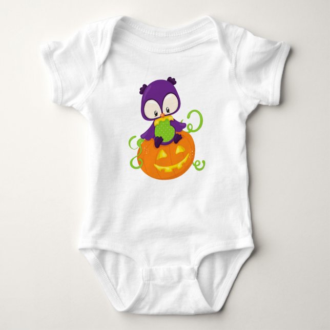 Halloween Owl, Cute Owl, Purple Owl, Pumpkin Baby Bodysuit (Front)
