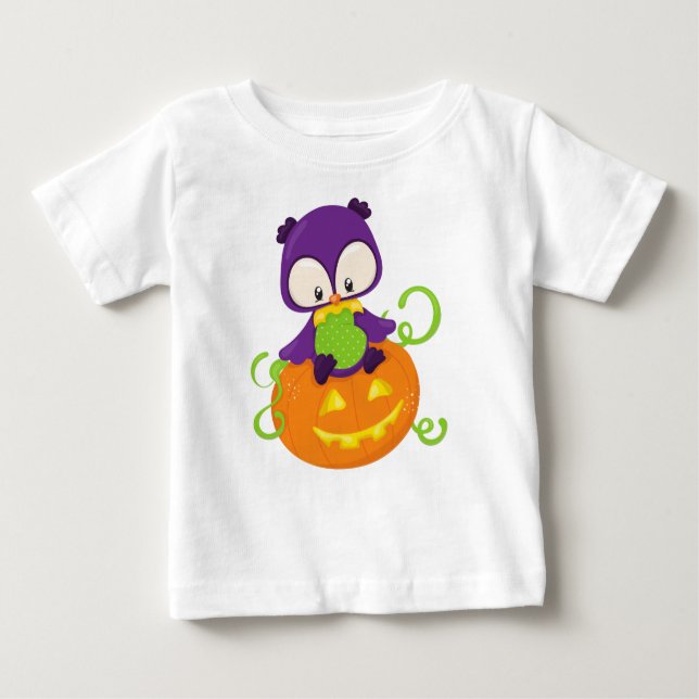 Halloween Owl, Cute Owl, Purple Owl, Pumpkin Baby T-Shirt (Front)