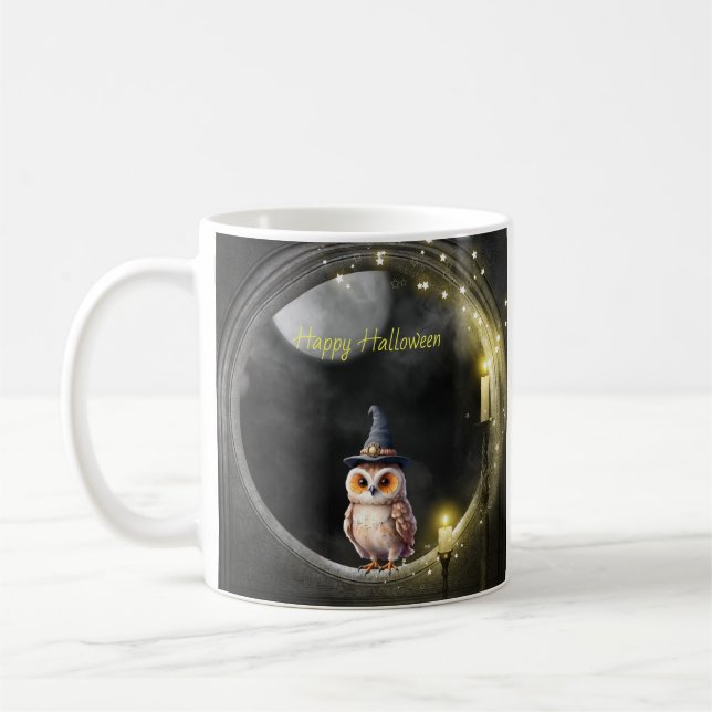 Halloween Owl in Round Tower Window Coffee Mug (Left)