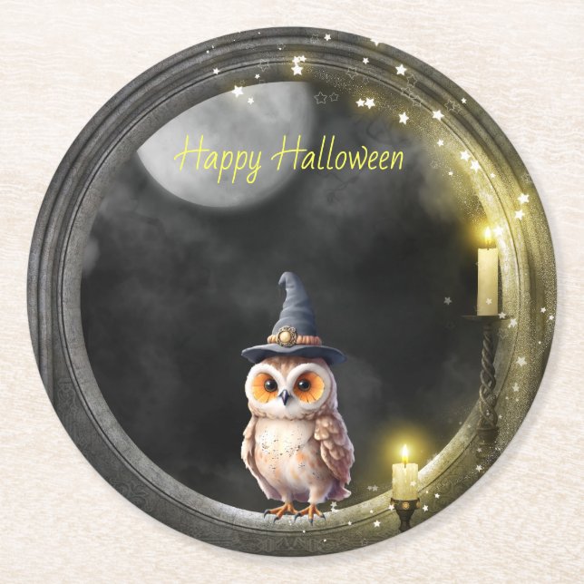Halloween Owl in Round Tower Window Paper Coaster (Front)
