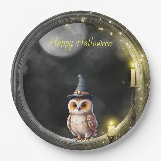 Halloween Owl in Round Tower Window Paper Plate (Front)