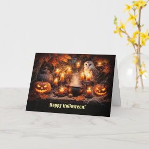 Halloween Owl with Candles and Fall Foliage Card