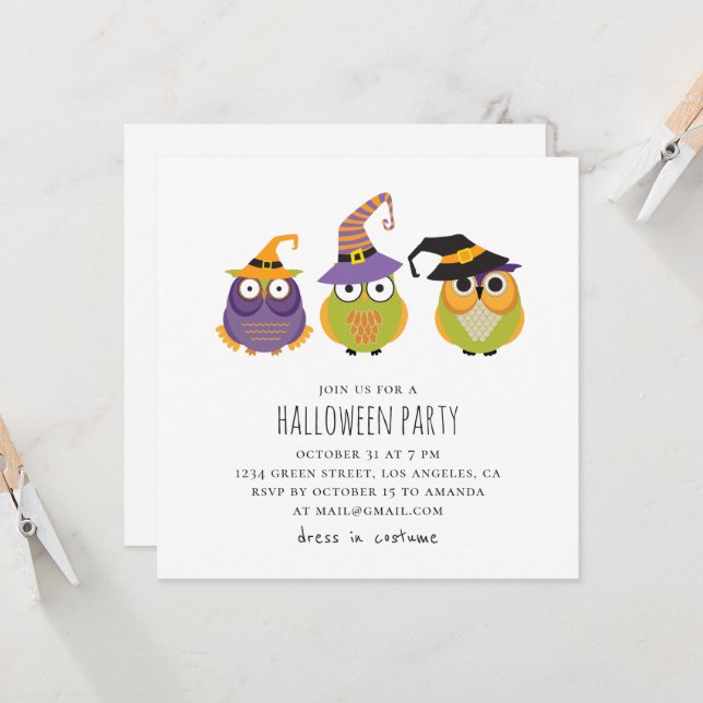 Halloween owls. Funny kids costume party. Animals Invitation (Front/Back In Situ)