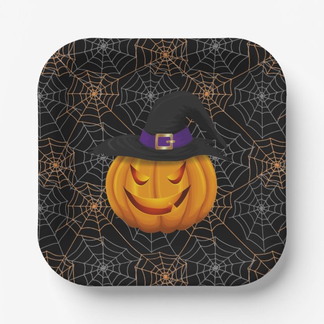 Halloween Paper Plates-Spider Webs & Pumpkin Paper Plate (Front)