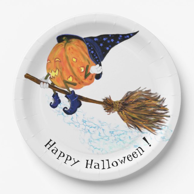Halloween Paper Plates Witch Pumpkin Flying Broom (Front)
