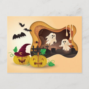 Halloween Papercut Cemetery Ghosts Postcard