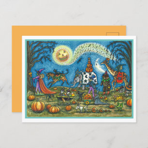 HALLOWEEN PARADE Witch Giraffe Bear Zebra Skellies Holiday Postcard