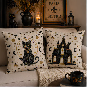 Halloween Parisian Bistro Mosaic Black Cat & Haunt Cushion