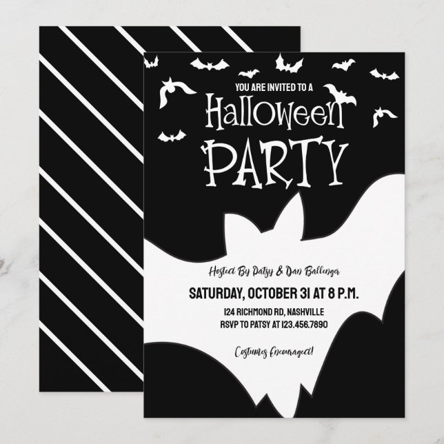 Halloween Party Bat Black and White Spooky Costume Invitation (Front/Back)