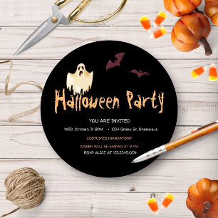 Halloween Party Bats And Ghosts Round Invitation