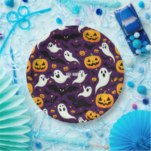 Halloween Party Bats Pumpkin scary Pattern Purple Paper Plate