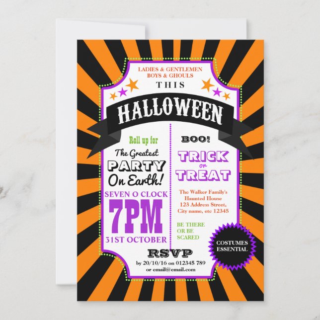 Halloween Party Black and Orange Carnival invite (Front)