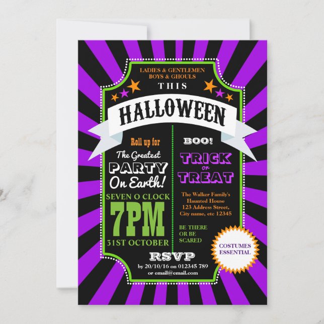 Halloween Party Black and Purple Carnival invite (Front)