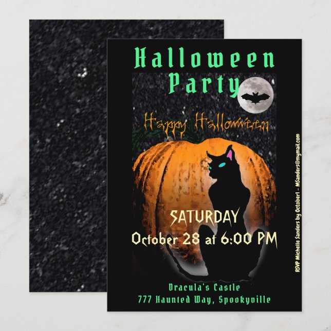 Halloween Party | Black Cat and Pumpkin Invitation (Front/Back)