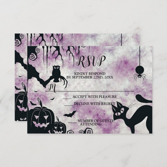 Halloween Party Black Cat Evil Pumpkins Scary Owls RSVP Card (Front/Back)