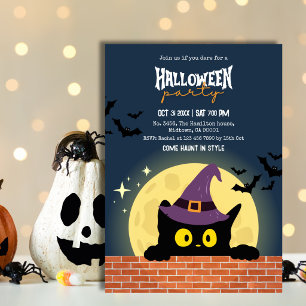 Halloween Party Black Cat Moon Bat WitchHat Spooky Invitation