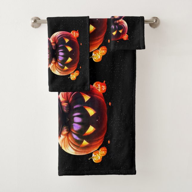 Halloween Party Black Cat Pumpkin Horror Scary Bath Towel Set (Insitu)