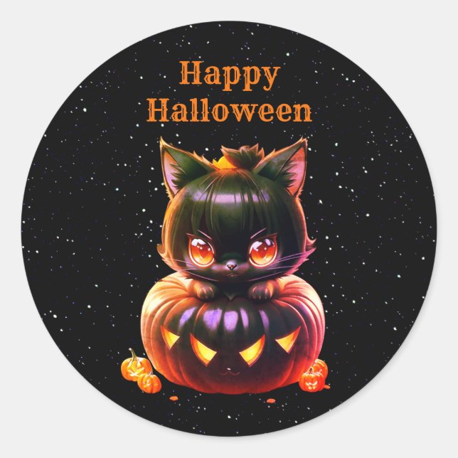 Halloween Party Black Cat Pumpkin Horror Scary Classic Round Sticker (Front)