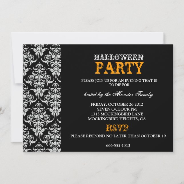 Halloween Party - Black Gothic Damask Invitation (Front)
