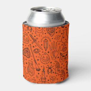 Halloween Party Black & Orange Doodle Pattern Can Cooler