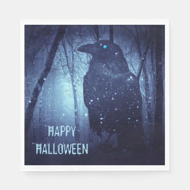 Halloween Party Black Raven Crow Blue Forest Napkin (Front)