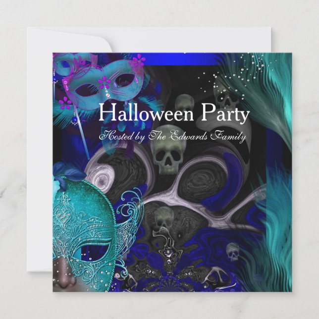 Halloween Party Blue Teal Masks Masquerade Party Invitation (Front)