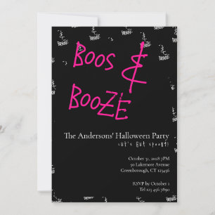 Halloween Party Boos and Booze Pink Black White Invitation