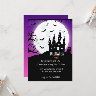 Halloween Party bright purple And Black Invitation