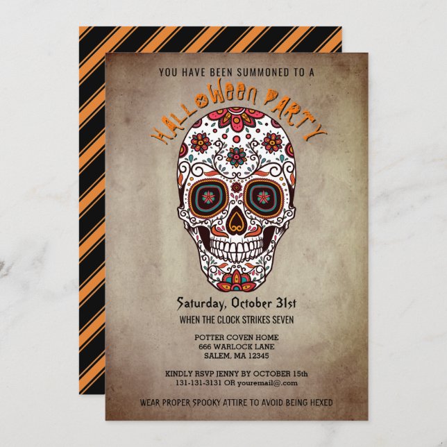Halloween Party Bright Sugar Skull Day of the Dead Invitation (Front/Back)