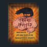 Halloween Party - Creepy Raven on Brain Custom Invitation<br><div class="desc">These spooky Halloween party invitations show a black raven (or crow) pecking at a bloody brain with the words "You're Invited" etched into it. The background is a grungy, dark orange sunburst. The back has plenty of space for your scary party details, along with another raven in the corner. All...</div>
