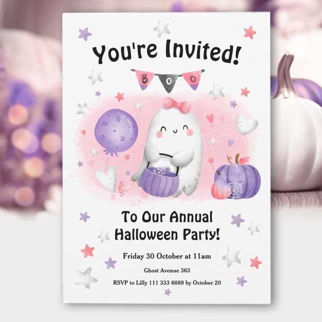 Halloween Party Cute Ghost Pink Purple Kids Invitation (Halloween Party Cute Ghost Pink Purple Kids Invitation)