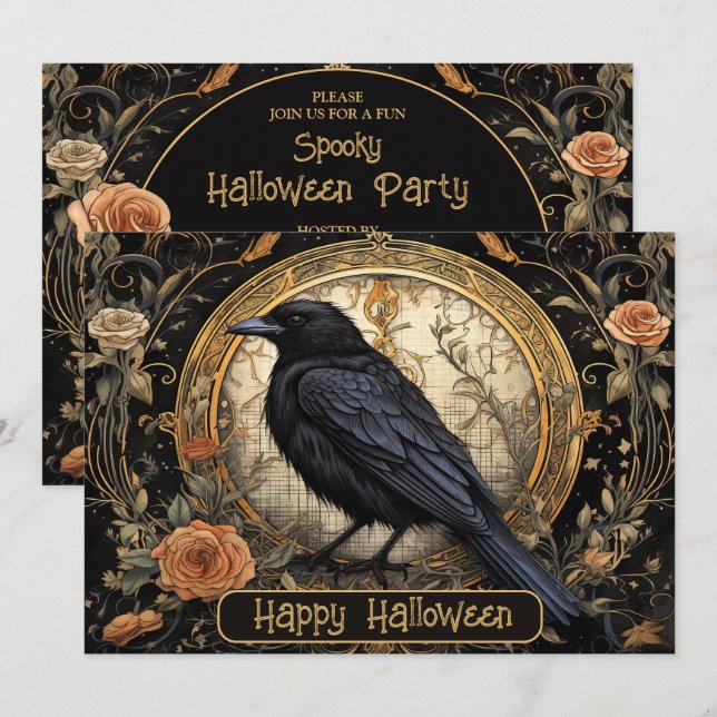 Halloween Party Evil Black Crow Orange Flowers Invitation (Front/Back)