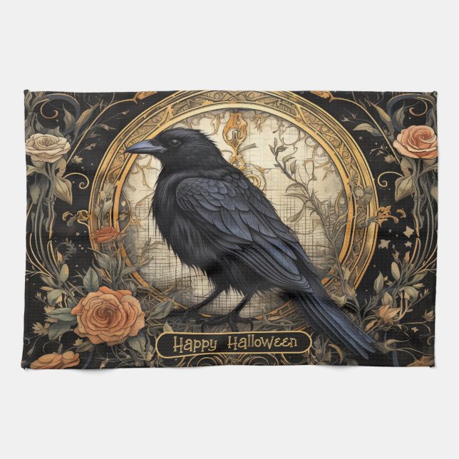 Halloween Party Evil Black Crow Orange Flowers Tea Towel (Horizontal)