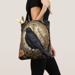 Halloween Party Evil Black Crow Orange Flowers Tote Bag