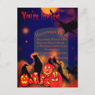 Halloween Party Full Moon Pumpkins Ravens Cat  Postcard