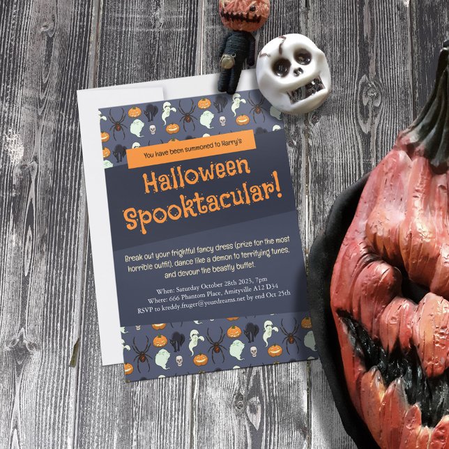 Halloween Party Ghost Pumpkin & Spider Pixel Art Invitation (Creator Uploaded)