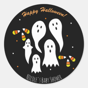 Halloween Party Ghosts & Candy Corn Black Orange Classic Round Sticker