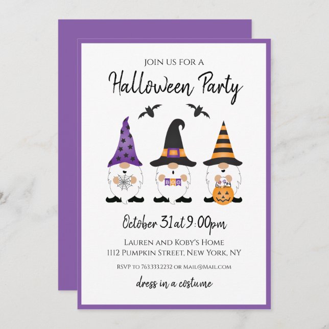 Halloween Party Gnomes Purple Orange Invitation (Front/Back)